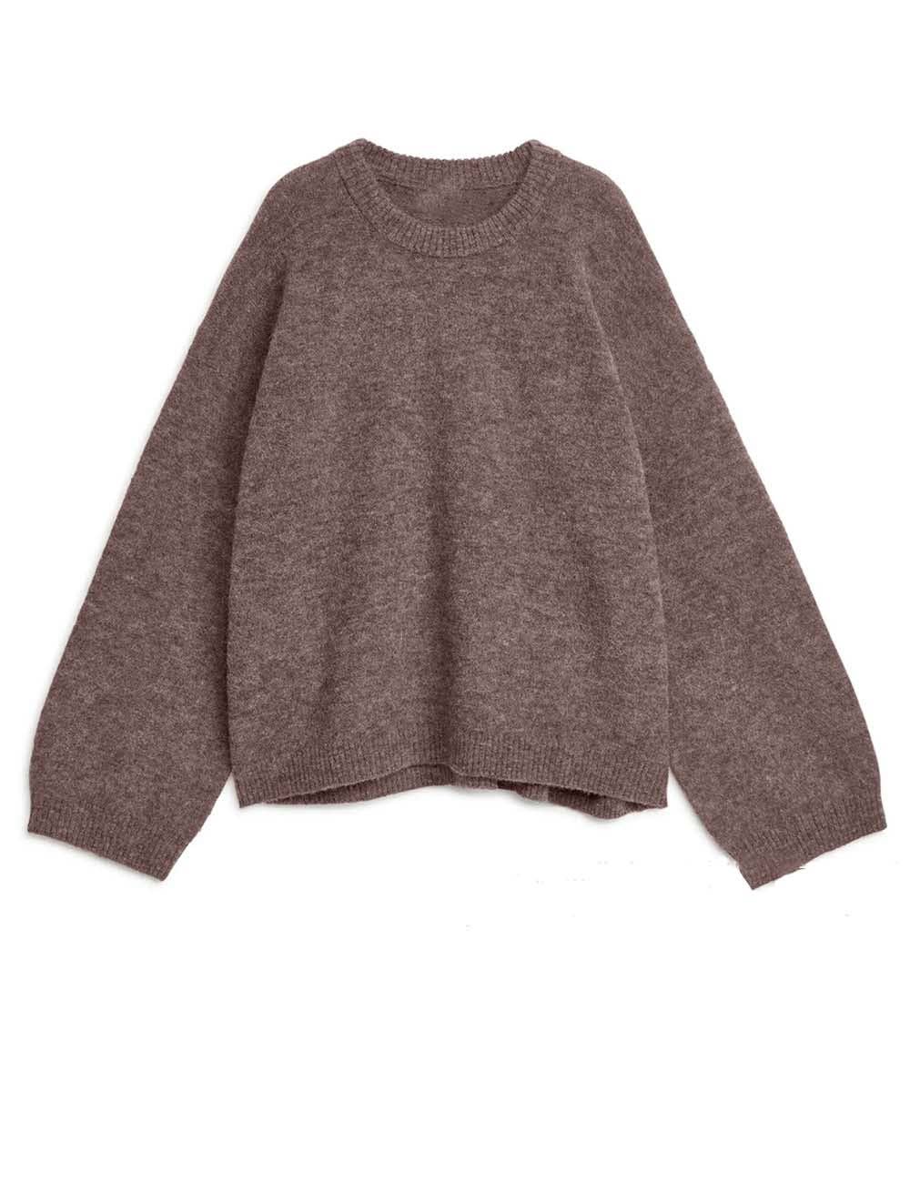 A long-sleeve crewneck knit sweater in a heathered taupe-brown color, laid flat against a solid white background.