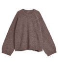 A long-sleeve crewneck knit sweater in a heathered taupe-brown color, laid flat against a solid white background.